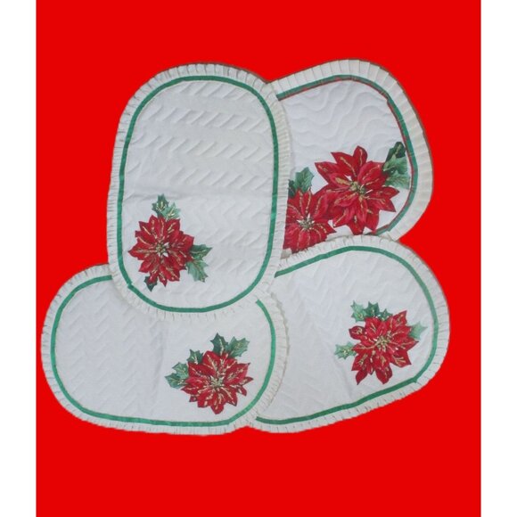 Vintage Quilted Placemats W/ Poinsettia Design & Gold Glitter Detail 18"x12" Set - Picture 3 of 4